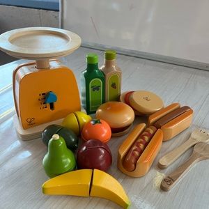 Hape market wooden kitchen play toys.